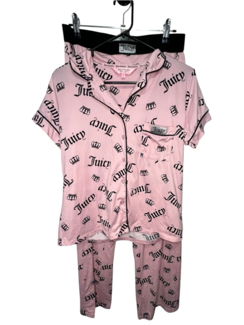 Juicy Couture Pink Logo Pajama Set Short Sleeve Button Front Top And Pants